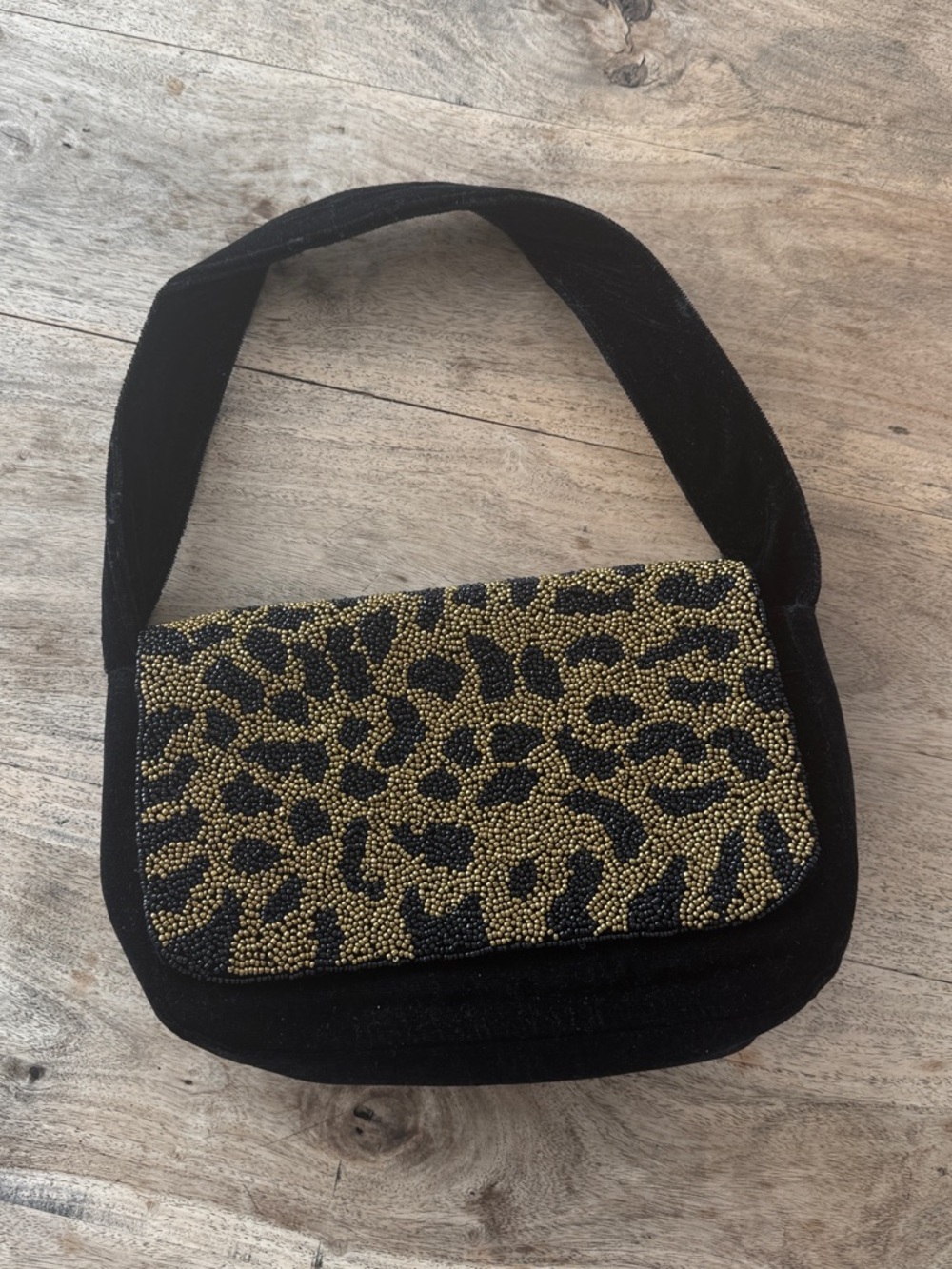 a new day Black Velvet Shoulder Bag with Gold & Black Beaded Leopard Flap